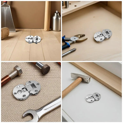 Concealed Cabinet Door Hinges Four Piece Set Flush Installation 90 Degree Adjustable In Silver Zinc Alloy displayed with tools