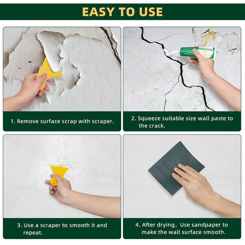 4 Pack Wall Repair Kit With Drywall Repair Cream Paste, Scraper, Patches, And Sandpaper step-by-step usage for wall flaws