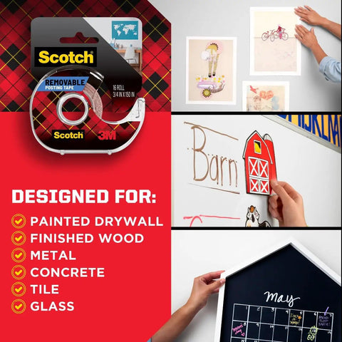 Removable Poster Tape With Dispenser, Handy Three Quarters Inch Wide By 12.5 Feet Clear Double Sided Adhesive For Posters, Photos, Cards And More, Easy Detach On Most Surfaces Without Damage package and usage examples on wall and board.