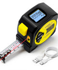 Go To Pro Grade Dual Mode Laser Tape Measure And Distance Meter With 164 Ft Laser Range And 16 Ft Manual Tape Red 0.49mW Class II Laser, black and yellow dual-mode tape measure with USB cable
