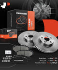Front Disc Brake Rotors And Ceramic Pads Kit For Select Pontiac Vibe 2009 2010 Scion xD 2008 2014 Toyota Corolla 2009 2019 Matrix 2009 2014 Ten Point Eight Three Inch Rotors And Ceramic Pad Set displayed with packaging and components.
