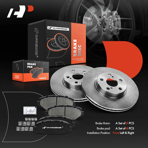 Front Disc Brake Rotors And Ceramic Pads Kit For Select Pontiac Vibe 2009 2010 Scion xD 2008 2014 Toyota Corolla 2009 2019 Matrix 2009 2014 Ten Point Eight Three Inch Rotors And Ceramic Pad Set displayed with packaging and components.