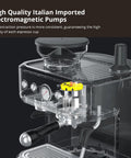 Top Shelf Home Espresso Machine With Built In Conical Burr Grinder 15 Bar Pump Dual PID Temp Control And Auto Milk Frother 85 Oz Tank close-up of electromagnetic pump and pressure gauge.