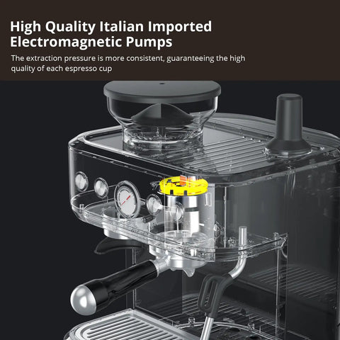 Top Shelf Home Espresso Machine With Built In Conical Burr Grinder 15 Bar Pump Dual PID Temp Control And Auto Milk Frother 85 Oz Tank close-up of electromagnetic pump and pressure gauge.