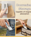 Three In One Bag Sealer With Cutter And Bottle Opener Portable USB Rechargeable Resealer held magnetically to fridge.