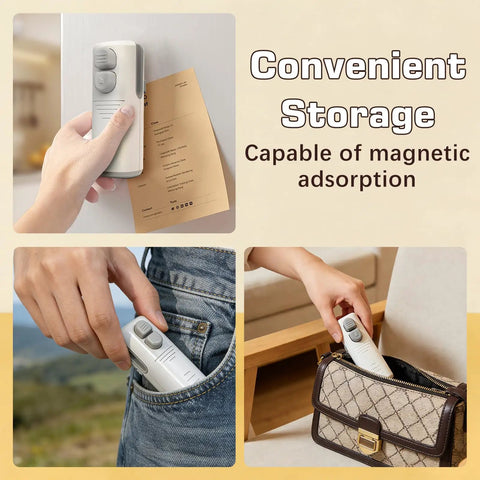 Three In One Bag Sealer With Cutter And Bottle Opener Portable USB Rechargeable Resealer held magnetically to fridge.