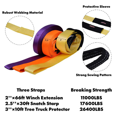 11 Piece Offroad Recovery Kit For Jeep Truck SUV With Snatch Straps Winch Extension showing colorful durable straps