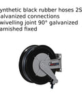 Professional Heavy Duty Automatic Grease Reel Featuring Slick Swivel Joint And Synthetic Rubber Hose 3 8 Inch 100 Feet close-up of black rubber hose with galvanized fittings and swivel joint