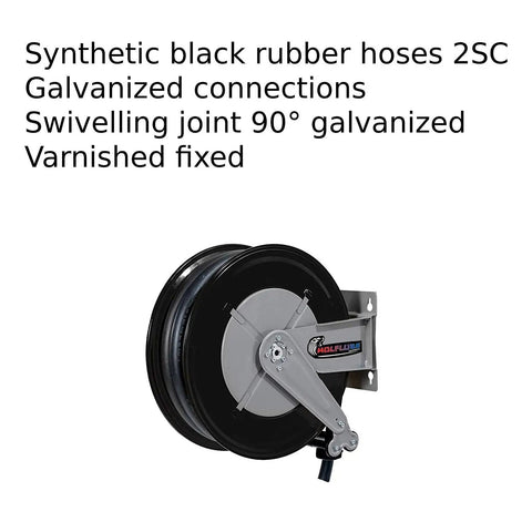 Professional Heavy Duty Automatic Grease Reel Featuring Slick Swivel Joint And Synthetic Rubber Hose 3 8 Inch 100 Feet close-up of black rubber hose with galvanized fittings and swivel joint