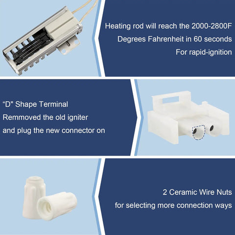 Durable Oven Igniter Replacement For Samsung Stove Models features heating rod, D shape terminal, ceramic wire nuts