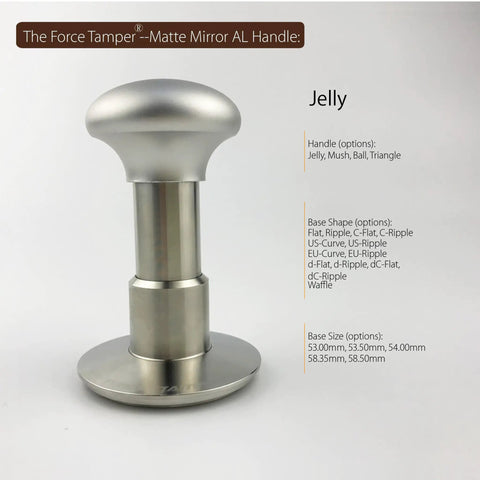 Top Shelf 58.5mm Espresso Tamper Kit Featuring Matte Aluminum Jellyfish Handle And Food Grade Stainless Steel Base.