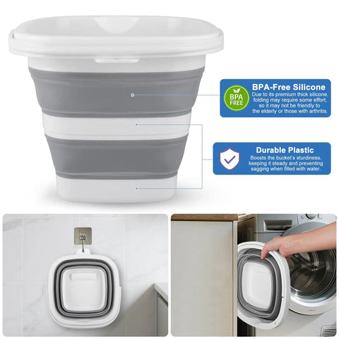 5L Collapsible Cleaning Bucket With Triple Reinforced Frame For Camping And Outdoor Use, shown folded and in use at home
