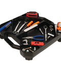 Rolling Tool Creeper Caddy Tray With Five Compartments For Mechanic Garage And Workshop Organization Durable Black 17.13 By 15.75 By 4.75 Inches Mobile Rolling Tool Storage Tray shown with tools