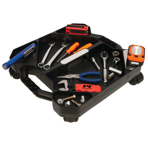 Rolling Tool Creeper Caddy Tray With Five Compartments For Mechanic Garage And Workshop Organization Durable Black 17.13 By 15.75 By 4.75 Inches Mobile Rolling Tool Storage Tray shown with tools