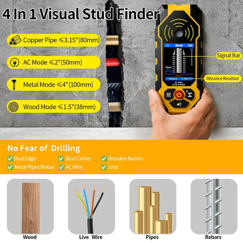 Heavy Duty 4 In 1 Stud Finder Wall Scanner With Digital Hd Screen And Deep Scan Mode For Dead On Accuracy To Spot Wood Stude/s Metal Live Ac Wires Inside Drywall Rechargeable Build For Zero Headache Wall Repairs