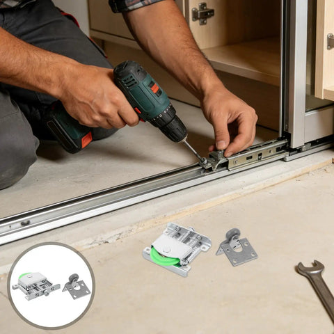 Heavy Duty Sliding Door Roller Kit For Wardrobe And Closet Repair Featuring Steel Frame With Nylon Reinforced Fiber Wheels High Load Bearing And Wear Resistant Design Prevents Squeak Forever Make Doors Roll Smooth Like Butter Every Single Day installed on wardrobe track