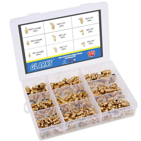 145-Piece Brass Zerk Grease Nipple Fittings Assortment Kit For Metric M6x1, M8x1, M10x1 With Straight, 90 Degree, And 45 Degree Angled Zerks