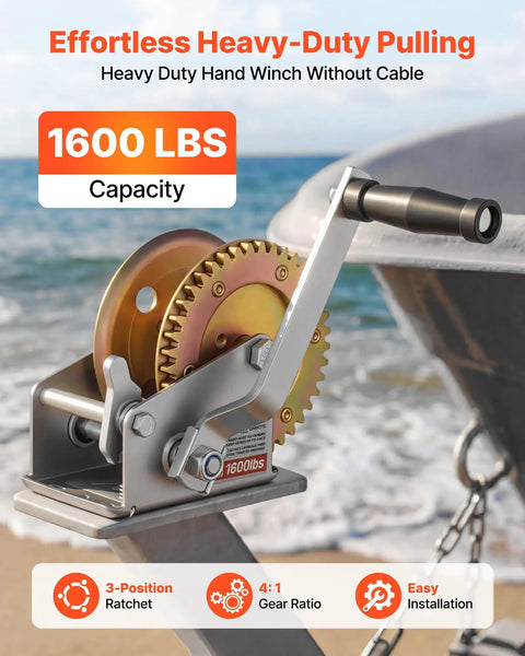 Beefy 1600 Lb Hand Boat Winch With 4 To 1 Gear Ratio Portable Two Way Ratchet Rope Crank Easy Install For Boat Trailers And ATVs Heavy Duty Towing Power mounted on boat trailer