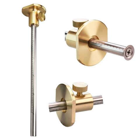 Professional Grade Brass Wheel Marking Gauge Kit Including Two Spare Cutter Wheels And Precise Metric Micro Adjuster Ruler For A Kickass Woodworking Rack You Will Adore closeup of brass marking tool with metric ruler and stainless steel components.