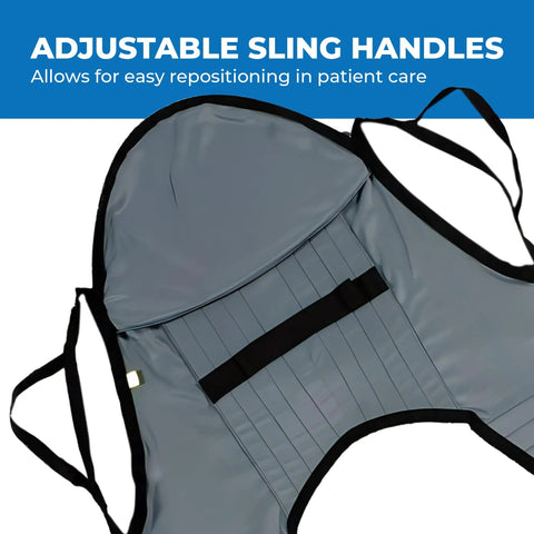 Patient Aid Padded U Slings With Head Support For Hoyer Lifts showing adjustable sling handles and soft polyester fabric.