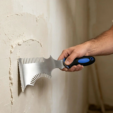 The Smooth Operator All In One Paint Brush And Roller Cleaning Tool With A Heavy Duty Paint Can Opener, using scraper on wall.