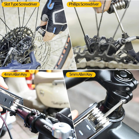 Tire Repair Tool Kit With 16-In-1 Multitool Levers Patches And Metal Polish used on bike components for repairs and adjustments