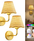 PENACINY Battery Operated Rattan Wall Sconces Set of 2, gold rattan lamp shades, wall mounted, stylish boho lighting.