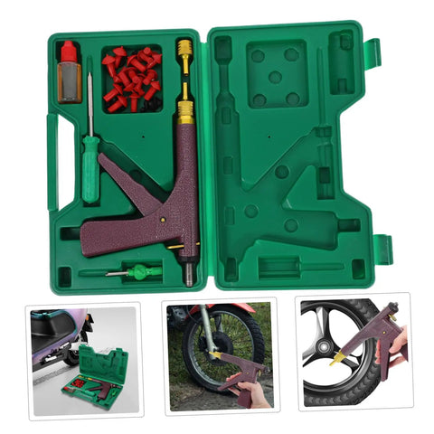 Complete Heavy Duty Motorcycle Tire Repair Kit Featuring Abs Metal Plug Insertion Tool For Tubeless Street Bikes And Scooters Fast No Sweat Roadside Patch Fix And Storage Organizer, compact tool storage box with repair tools.