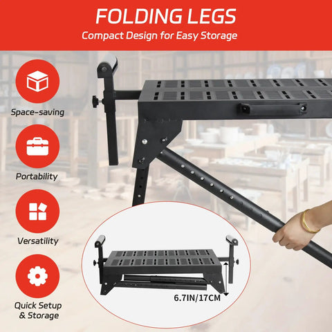 Rock Solid Heavy Duty Miter Saw Stand With Extension Rollers features compact folding legs for easy storage and portability.