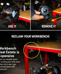 Roto-Mount 360 Degree Rotating Bench Mount installed on a workbench shown with grinder attached and detached, features weather-resistant steel.