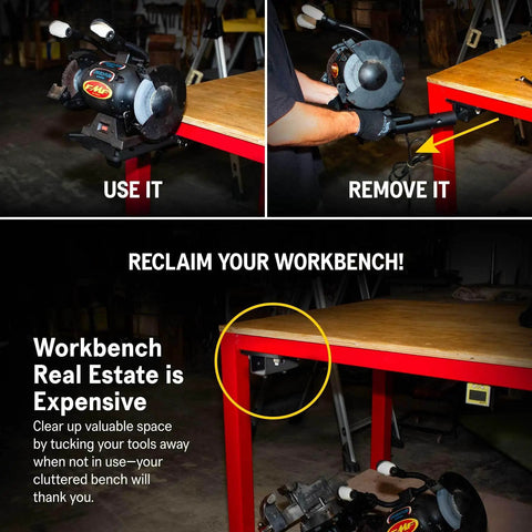 Roto-Mount 360 Degree Rotating Bench Mount installed on a workbench shown with grinder attached and detached, features weather-resistant steel.
