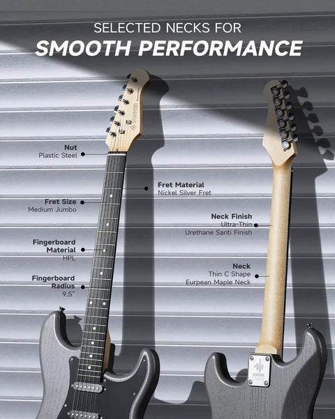 Starter Electric Guitar Kit With 39 Inch DST-80 All In One Bundle Featuring Classic SSS Pickup showing neck details and materials
