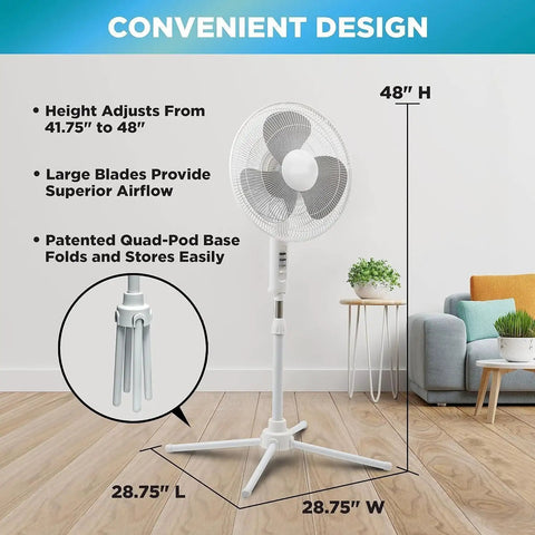 Three Speed 16 Inch Oscillating Pedestal Fan With 90 Degree Head Adjustable Height And Tilt Powerful Airflow For Home Or Office Perfect For Dorms And Living Rooms Black MTFS-16B-BLK shown in living room setting
