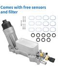 Beefed Up Aluminum Oil Filter Housing With Integrated Oil Cooler For 3.6L V6 Engines components including seals, free sensors, and filter.