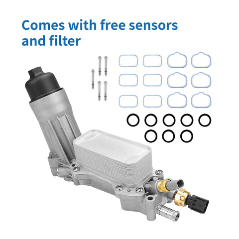 Beefed Up Aluminum Oil Filter Housing With Integrated Oil Cooler For 3.6L V6 Engines components including seals, free sensors, and filter.