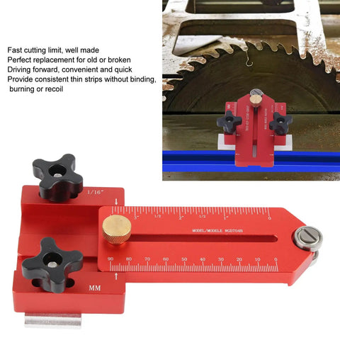 Extended Thin Rip Jig For Table Saws, Band Saws, And Router Tables with close-up of red aluminum build and ruler markings.