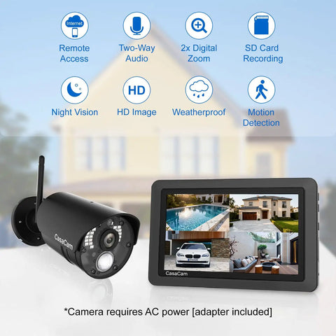 Plug And Play DIY Wireless Security Camera System With 7 Inch Touchscreen Monitor And Two 720p Cameras No Monthly Fees AC Powered Two Way Audio Free App Micro SD Card Included Battery Installed Model VS802 showing camera and monitor interface.