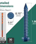 Detailed dimensions of 30 Piece Concrete Screw Set Beefy Heavy Duty With Drill Bit One Quarter By One And Three Quarters Inches Slotted Hex Washer Head Masonry Screws For Brick Block Stucco Blue Coated Cement Fasteners shown.