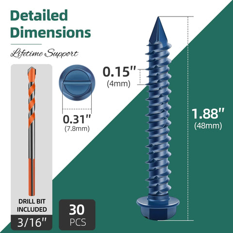 Detailed dimensions of 30 Piece Concrete Screw Set Beefy Heavy Duty With Drill Bit One Quarter By One And Three Quarters Inches Slotted Hex Washer Head Masonry Screws For Brick Block Stucco Blue Coated Cement Fasteners shown.