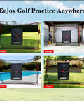 10x7ft Golf Net With Target Cloth And Dual Turf Mats shown in backyard, garage, patio, and park settings for swing training
