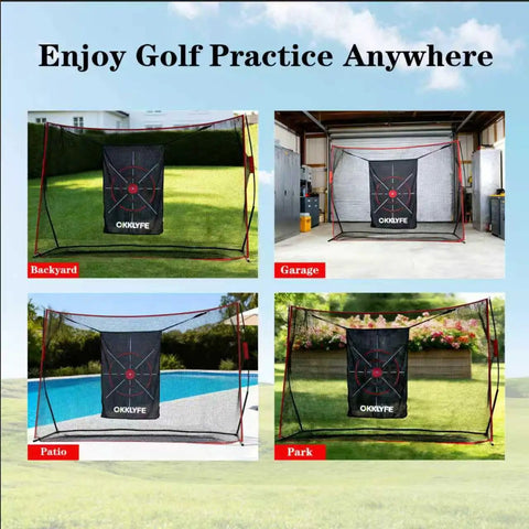 10x7ft Golf Net With Target Cloth And Dual Turf Mats shown in backyard, garage, patio, and park settings for swing training