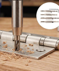 Beavorty Premium Steel And Carbide Tipped Electric Drill Pilot Bits For Cabinet Hinge Installations with a drill bit in use on a hinge.