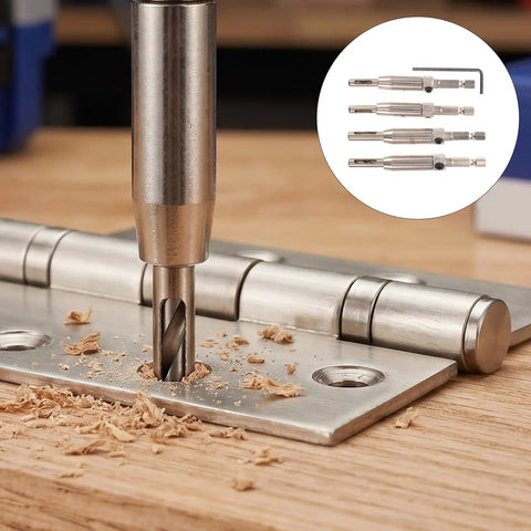 Kick It Up A Notch With This 4pc Self Centering Door Hinge Drill Bit Set featuring steel carbide tips drilling into a hinge on wood.