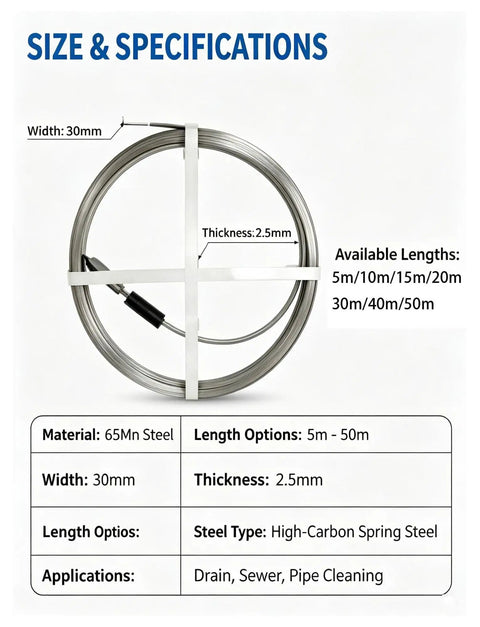 Top Tier Heavy Duty Manganese Steel Sewer Drain Snake With 49 Foot Auger Cable, 30mm width, 2.5mm thickness, for drain cleaning.