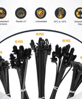 Heavy Duty Nylon Push Mount Cable Zip Ties Kit, 50 Pack, 5 Sizes, Black UV Resistant, self-locking fasteners displayed in groups of 10 pcs.