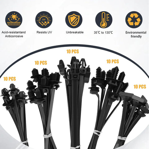 Heavy Duty Nylon Push Mount Cable Zip Ties Kit, 50 Pack, 5 Sizes, Black UV Resistant, self-locking fasteners displayed in groups of 10 pcs.