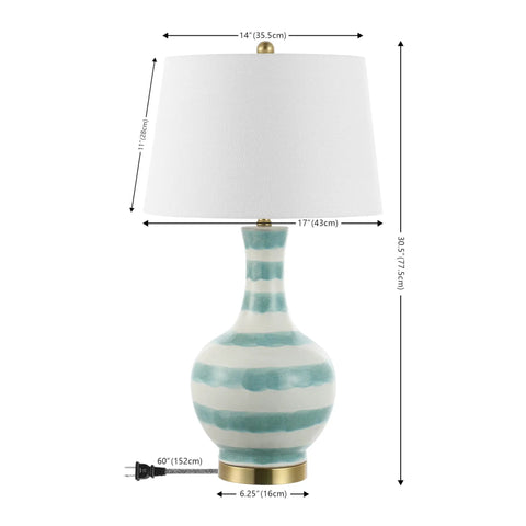 Green And White Striped Ceramic Table Lamp For Bedroom And Living Room Coastal Modern Bedside Light With Gold Base And White Linen Shade LED Bulb Included Measures 30.5 Inches Tall
