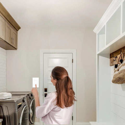 Woman using Dual Control Dimmer Switch for Exhaust Fan and Light, White Single Pole Fan Light Dimmer With Neutral Wire Required for Bathroom or Laundry