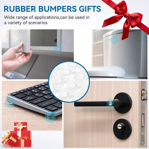 Image showcasing Rubber Bumpers gifts applied on a cabinet, keyboard, and door handle for various uses.