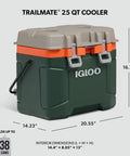 Heavy Duty 25 Quart Insulated Cooler Box With Thick Foam Walls For Serious Ice Retention Made In Usa, Igloo cooler in green and gray.